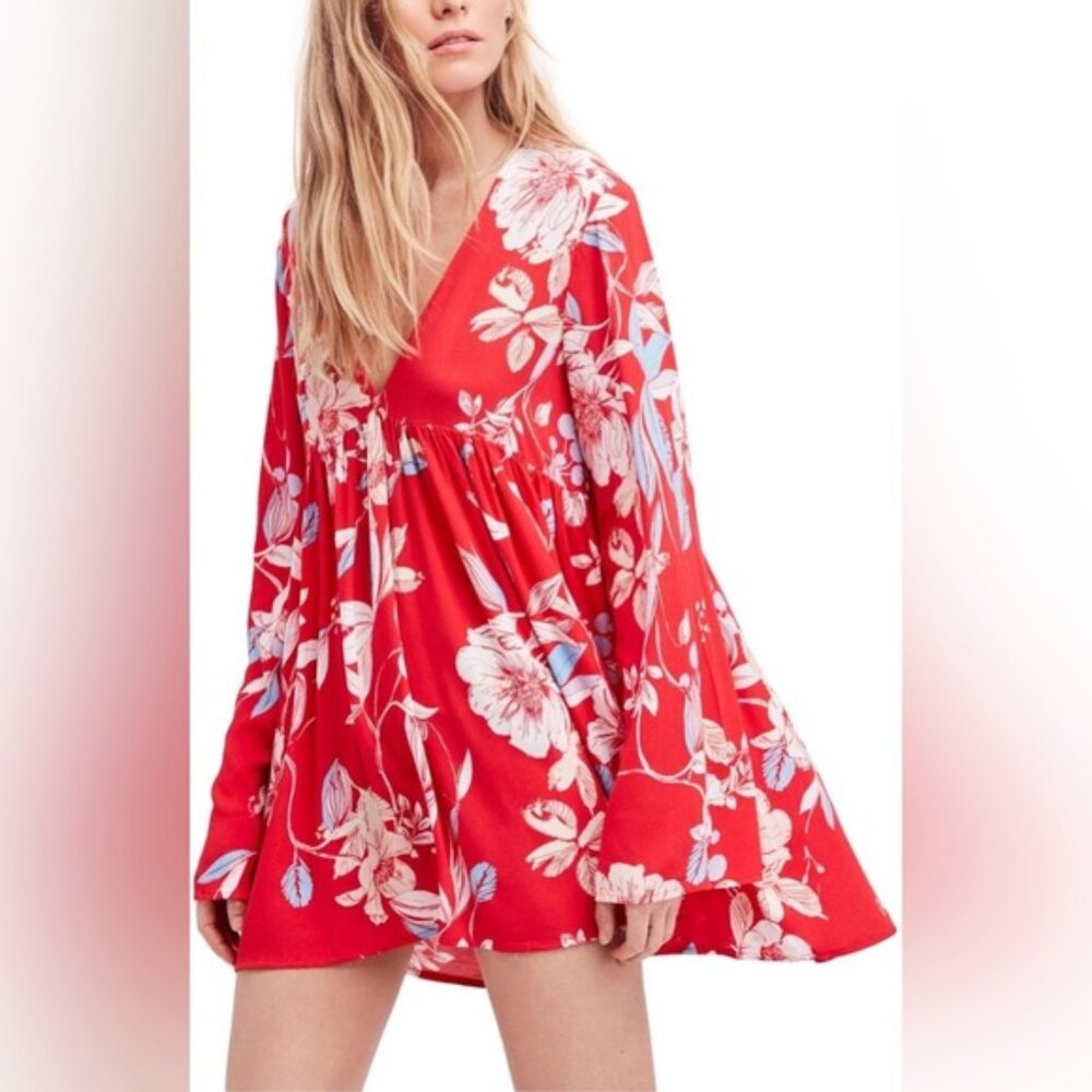 Free People Bella Floral Printed Tunic Top Long Sleeve V-Neck Shirt Blouse Red